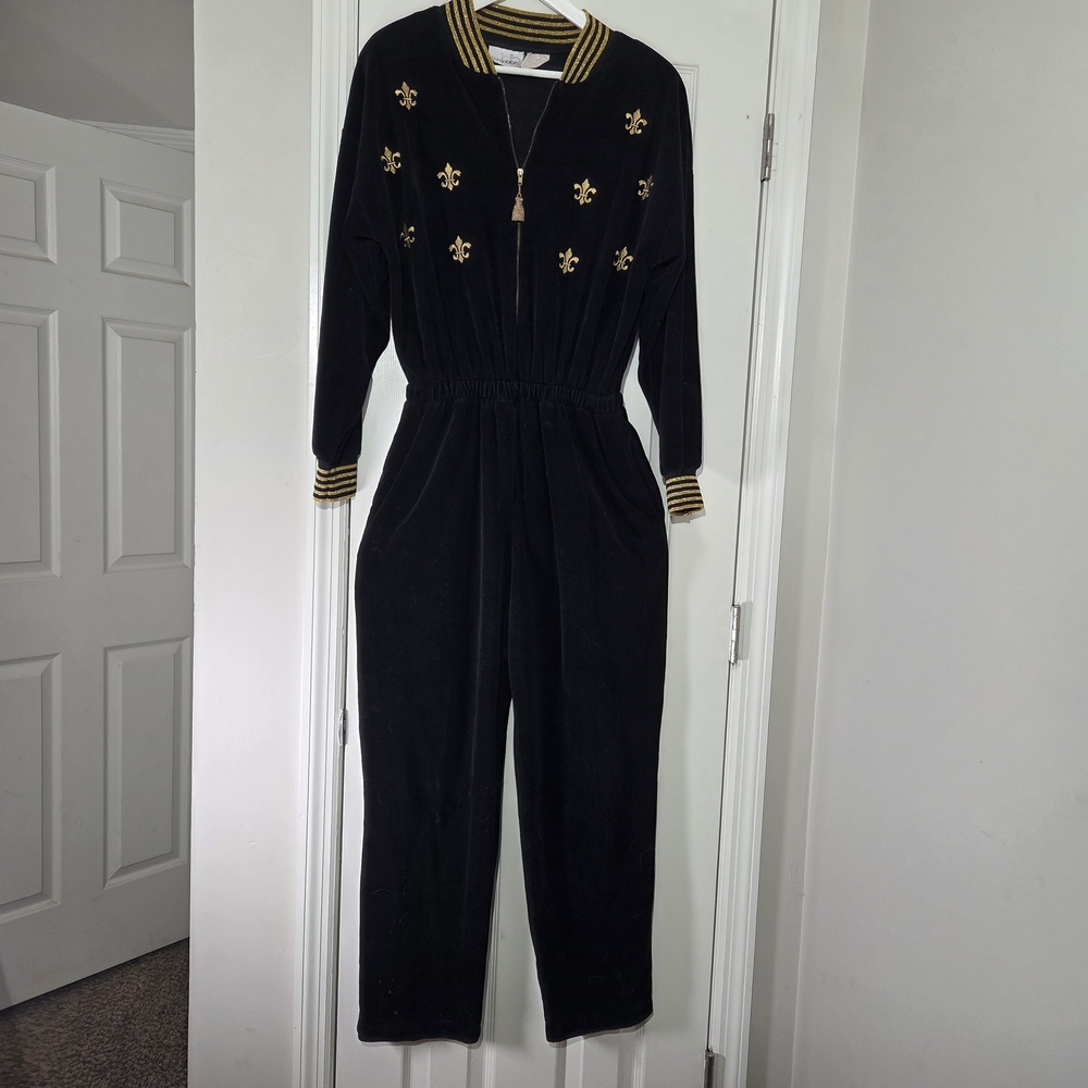 Vintage Black Velour Jumpsuit with Gold Fleur-de-Lis Elastic Waist Pockets Large